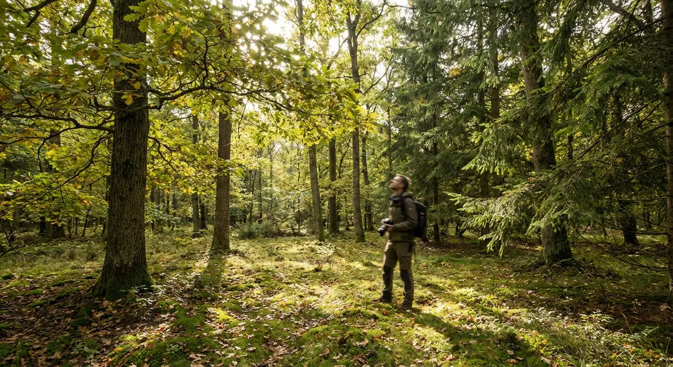 Top 10 schnellst wachsende Bäume: Sichtschutz & Schatten - Illustration Weiches Licht fällt durch eine Mischung aus immergrünen und laubabwerfenden Bäumen, deren Äste und Blätter ein filigranes Muster aus Licht und Schatten auf den Boden werfen