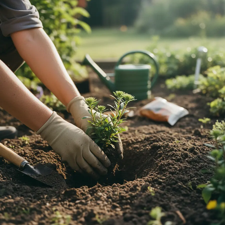 Astern pflanzen & pflegen: Die besten Sorten & Tipps für Garten - Photo Astern pflanzen und pflegen: Hände setzen Asternstaude in lockere Erde