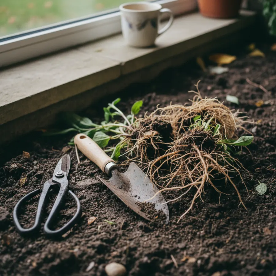 Astern pflanzen & pflegen: Die besten Sorten & Tipps für Garten - Photo Astern pflanzen & pflegen: Gartenschere und Spaten bei Herbstpflanzung auf feuchter Erde