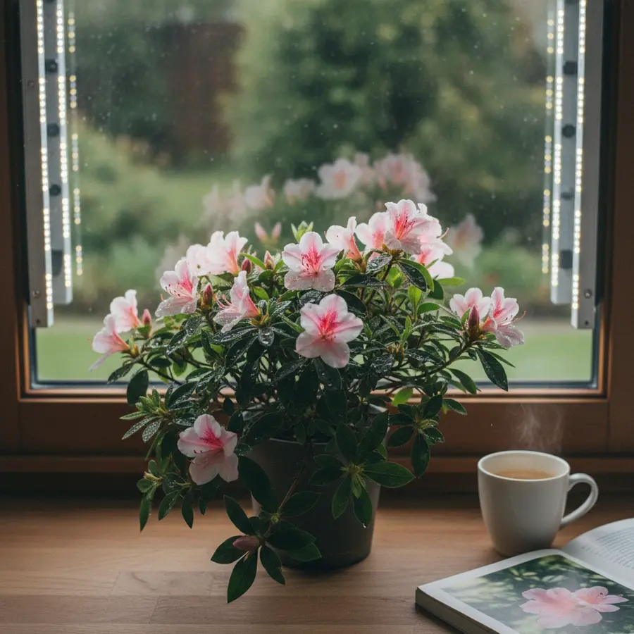 Azalee: Alles über Sorten, Pflege und den richtigen Standort - Photo Azalee im Morgentau mit LED-Licht, idealer Standort für Azalee-Pflege