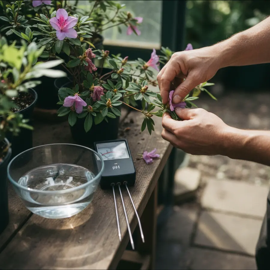 Azalee: Alles über Sorten, Pflege und den richtigen Standort - Photo Azalee Pflege: Gärtnerhände reinigen verblühte Azaleen im Gartenschatten