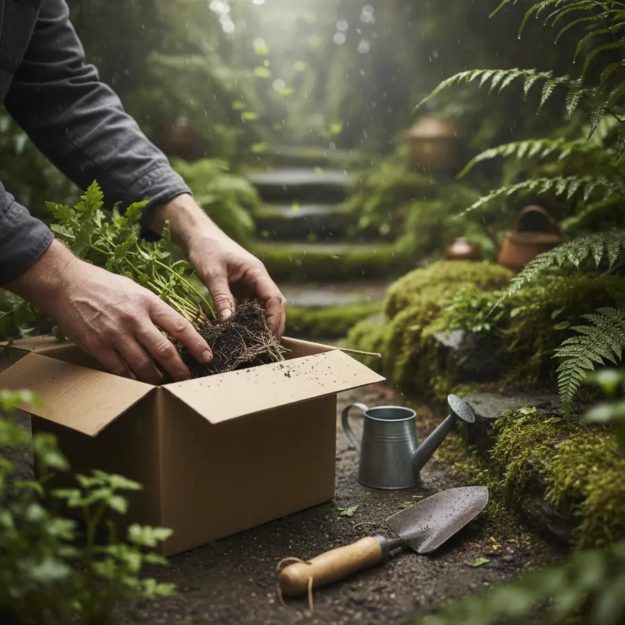 Baldur Garten: Erfahrungen, Versand & Profi-Pflegetipps - Photo Baldur Garten Erfahrungen: Gärtner packt Pflanzen im verwunschenen Garten aus