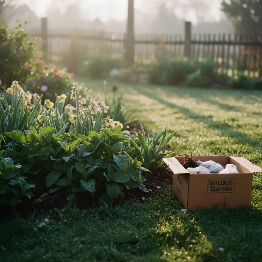 Baldur Garten: Erfahrungen, Versand & Profi-Pflegetipps - Photo Baldur Garten Erfahrungen: Morgensonne auf üppigem Beet mit Pflanzenpaket im Frühling