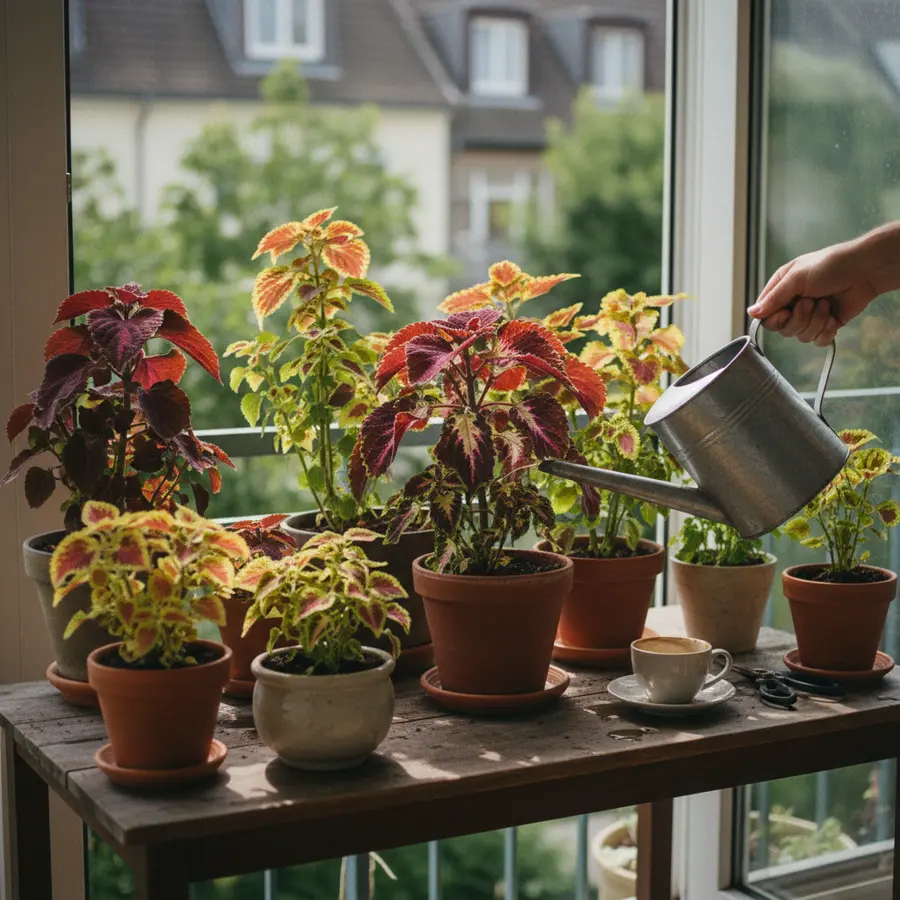 Buntnessel Pflege: Standort, Vermehrung & Überwinterung - Photo Buntnessel Pflege auf Balkon mit Gießkanne für gesunde Pflanzen