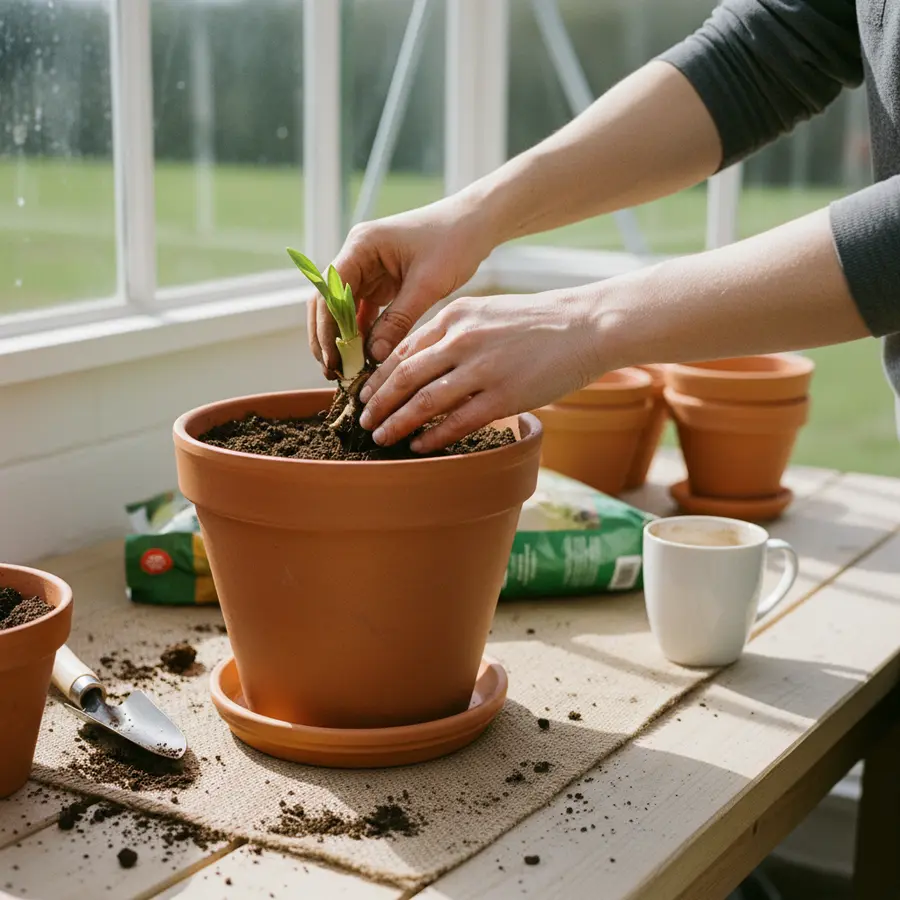 Canna (Blumenrohr) pflanzen & pflegen: Der ultimative Ratgeber - Photo Verschmutzte Hände pflanzen Canna im Terrakotta-Topf, Frühling, Pflege