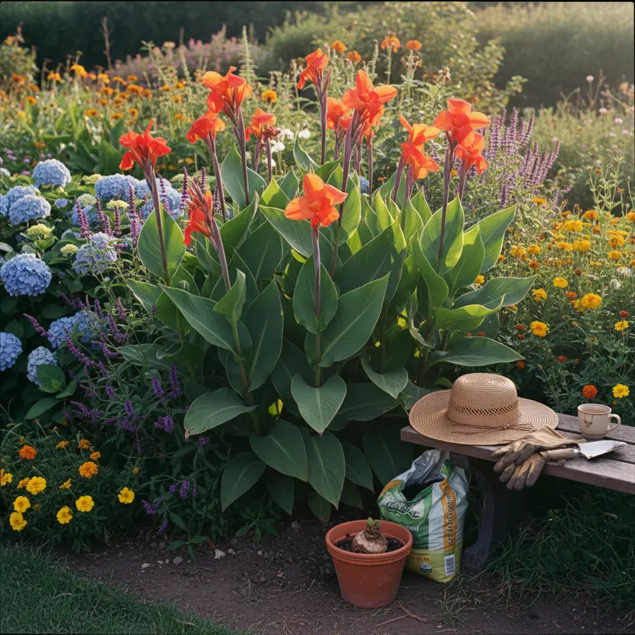 Canna (Blumenrohr) pflanzen & pflegen: Der ultimative Ratgeber - Photo Blühende Canna im Garten, natürlich gepflegt, als Teil der Canna Pflanzen.