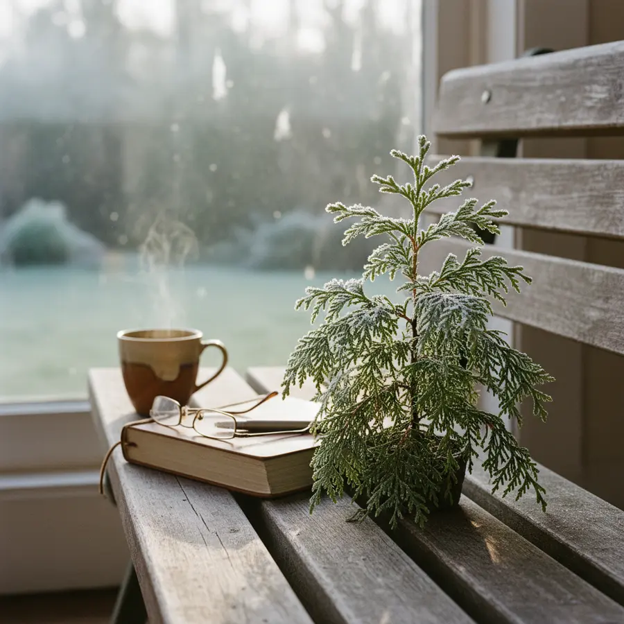 Die Zeder: Alles über Arten, Pflege und die Kraft des Holzes - Photo Zedernbaum mit Reif im Morgenlicht, passend zu Die Zeder Artikel