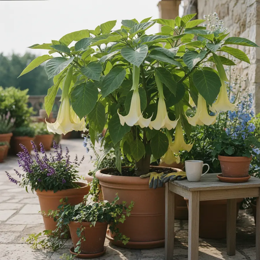 Engelstrompete: Pflege, Standort & Überwintern im Überblick - Photo Engelstrompete Pflege auf sonniger Terrasse mit Morgenlicht und Sommerstauden