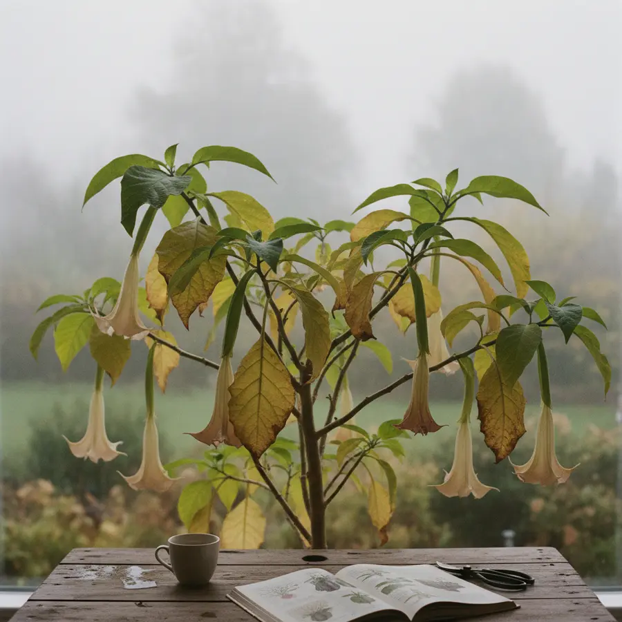 Engelstrompete: Pflege, Standort & Überwintern im Überblick - Photo Engelstrompete im Herbst mit vergilbtem Laub und Nebel im Hintergrund