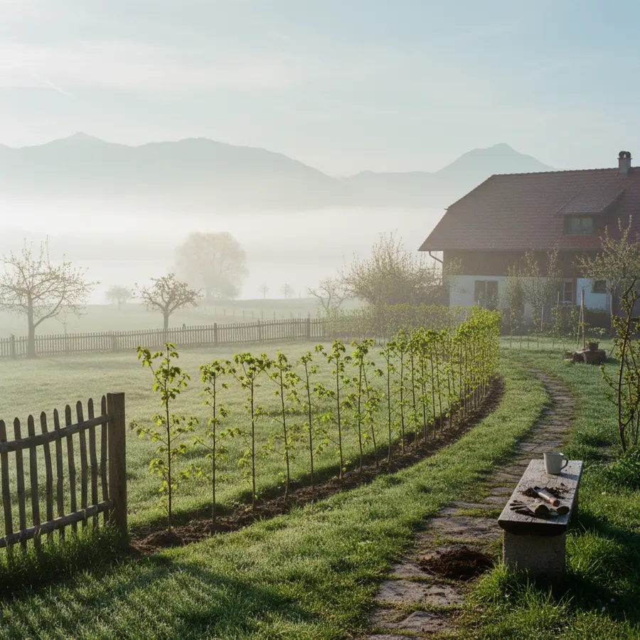Feldahorn Hecke kaufen » Top-Qualität vom Züchter - Photo Feldahorn Hecke kaufen im Bodensee-Garten bei Morgenlicht und Nebel