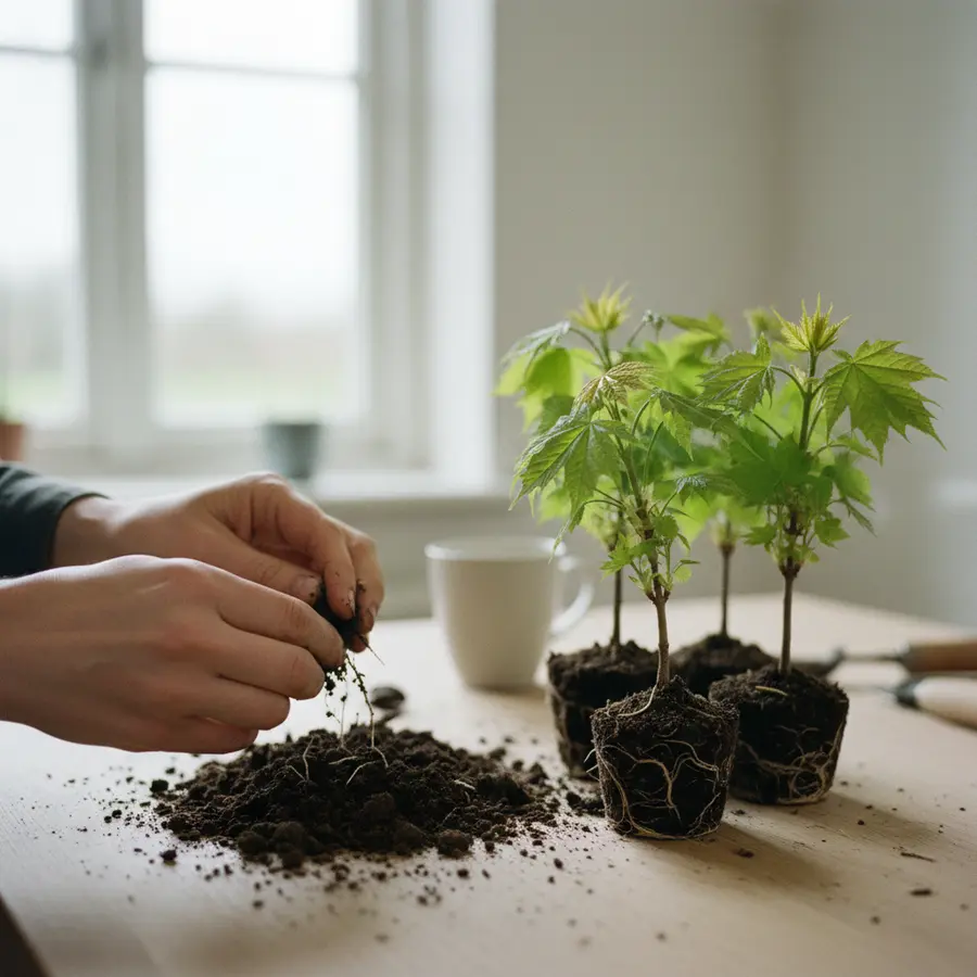 Feldahorn Hecke kaufen » Top-Qualität vom Züchter - Photo Feldahorn Hecke kaufen: Hände zerreiben frische Erde, Wurzelballen im Frühlingslicht