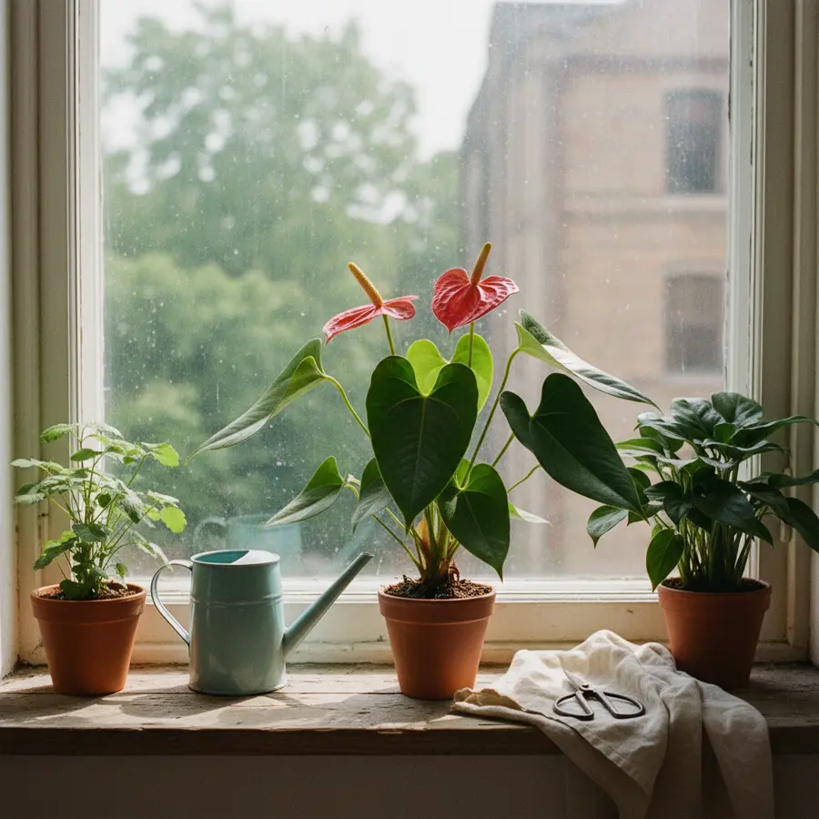 Flamingoblume (Anthurium): Alles über Pflege, Standort & Vermehrung - Photo Flamingoblume (Anthurium) auf Fensterbrett mit anderen Zimmerpflanzen im Tageslicht