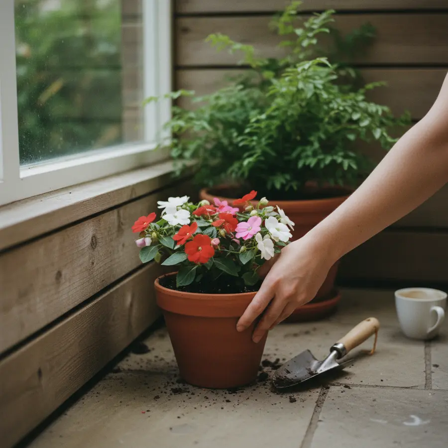Fleißiges Lieschen: Tipps zu Pflege, Standort & Überwinterung - Photo Fleißiges Lieschen pflanzen: Hand setzt Kübel in geschützten Terrasseneck