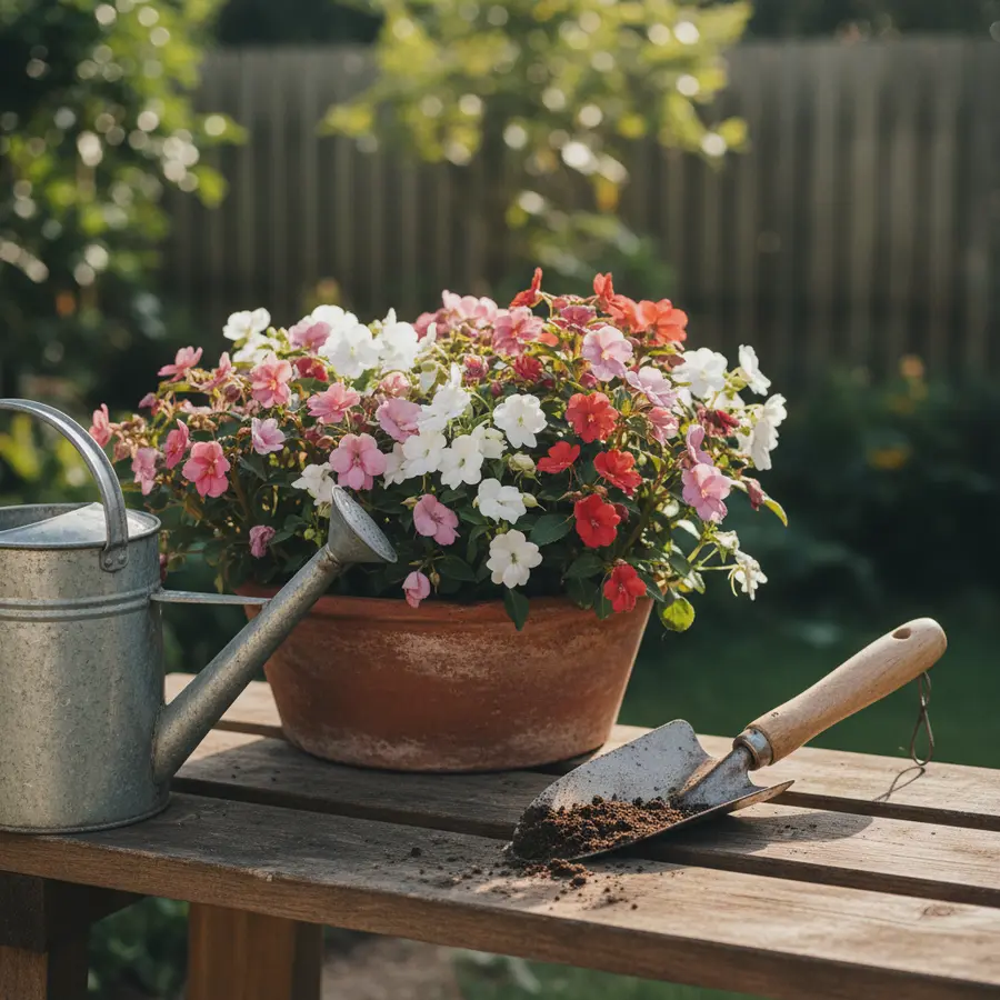 Fleißiges Lieschen: Tipps zu Pflege, Standort & Überwinterung - Photo Fleißiges Lieschen im Morgenlicht mit Gartenwerkzeug und Regenwasser-Kanne