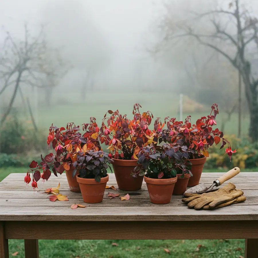 Fuchsien pflegen & überwintern: Der ultimative Ratgeber - Photo Fuchsien pflegen und überwintern: Herbstliche Fuchsientöpfe auf Gartentisch