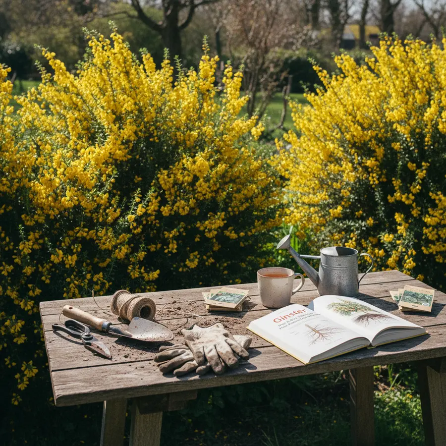 Ginster: Alles über Pflanzen, Pflege & die schönsten Sorten - Photo Ginster im Garten mit Pflegwerkzeugen auf Holztisch