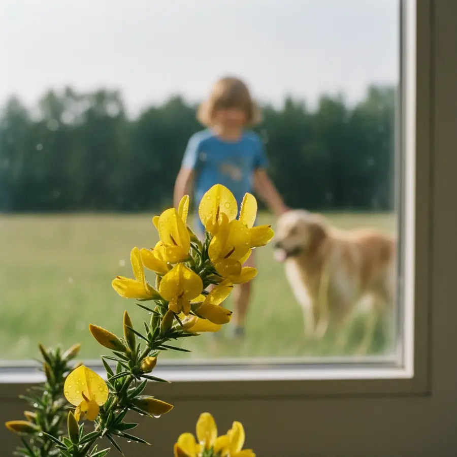 Ginster: Alles über Pflanzen, Pflege & die schönsten Sorten - Photo Ginster: Nahaufnahme von Blüten mit Kind und Hund im Sonnenlicht