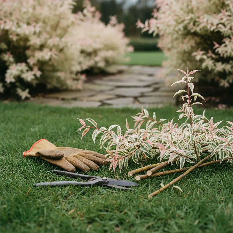 Harlekinweide schneiden: Der beste Zeitpunkt & Anleitung - Photo Harlekinweide schneiden: Gartenhandschuh und Astschere auf feuchtem Gras
