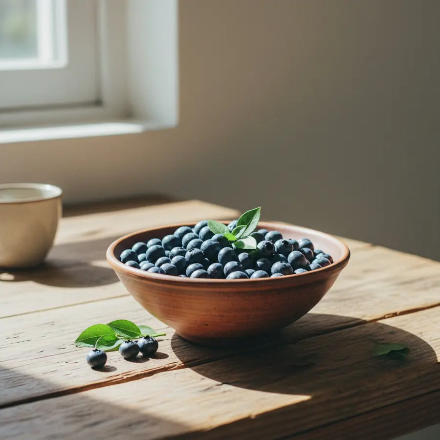 Heidelbeere: Alles über Herkunft, Gesundheit & Verwendung - Photo Heidelbeere: Blaue Heidelbeeren in handgemachter Tonschale auf Holztisch