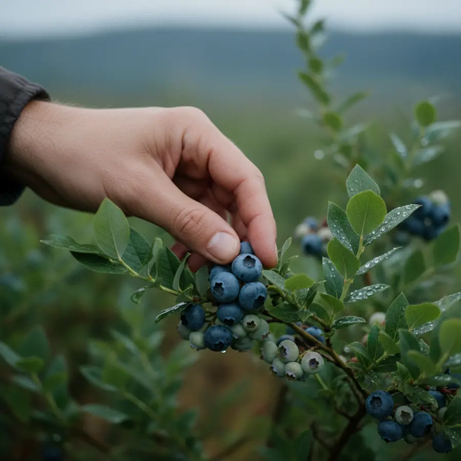 Heidelbeere: Alles über Herkunft, Gesundheit & Verwendung - Photo Heidelbeere: Hand pflückt Heidelbeeren im Morgengrauen mit Tautropfen