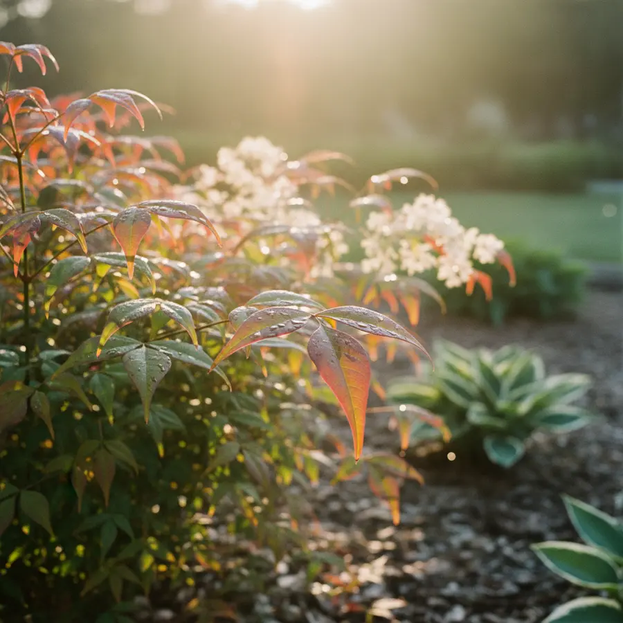 Heiliger Bambus (Nandina): Pflege, Winterhärte & Sorten-Guide - Photo Heiliger Bambus im Frühlingsgarten mit roten Blättern und Sonnenstrahlen