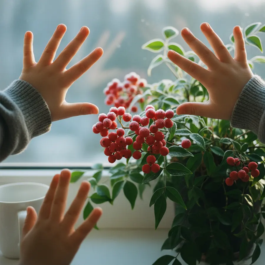 Heiliger Bambus (Nandina): Pflege, Winterhärte & Sorten-Guide - Photo Heiliger Bambus (Nandina): Bunte Beeren im Winterlicht, Kinderhände Abstand