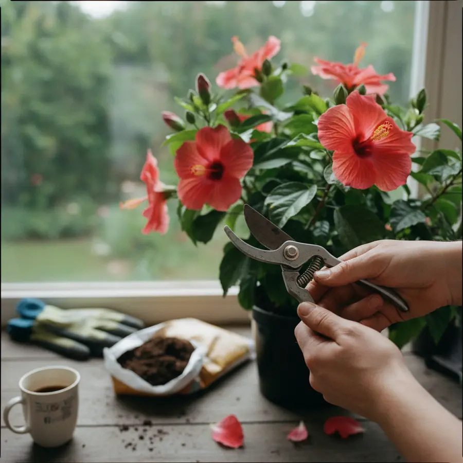 Hibiskus richtig schneiden: Zeitpunkt & Anleitung für XXL-Blüten - Photo Hände mit Gartenschere schneiden Hibiskus richtig für XXL-Blüten