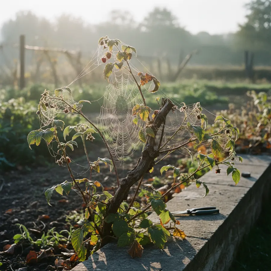 Himbeeren schneiden: Wann & wie? Anleitung für eine reiche Ernte - Photo Himbeeren schneiden bei Morgensonne an einer alten Hecke für reiche Ernte