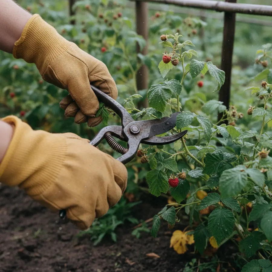 Himbeeren schneiden: Wann & wie? Anleitung für eine reiche Ernte - Photo Hände schneiden Himbeeren schneiden bei Tau für reiche Ernte