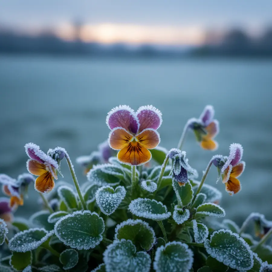 Hornveilchen: Tipps zu Pflege, Pflanzen, Standort & Winterhärte - Photo Hornveilchen nach frostiger Nacht mit Reif auf Blättern, winterhärte im Morgengrauen