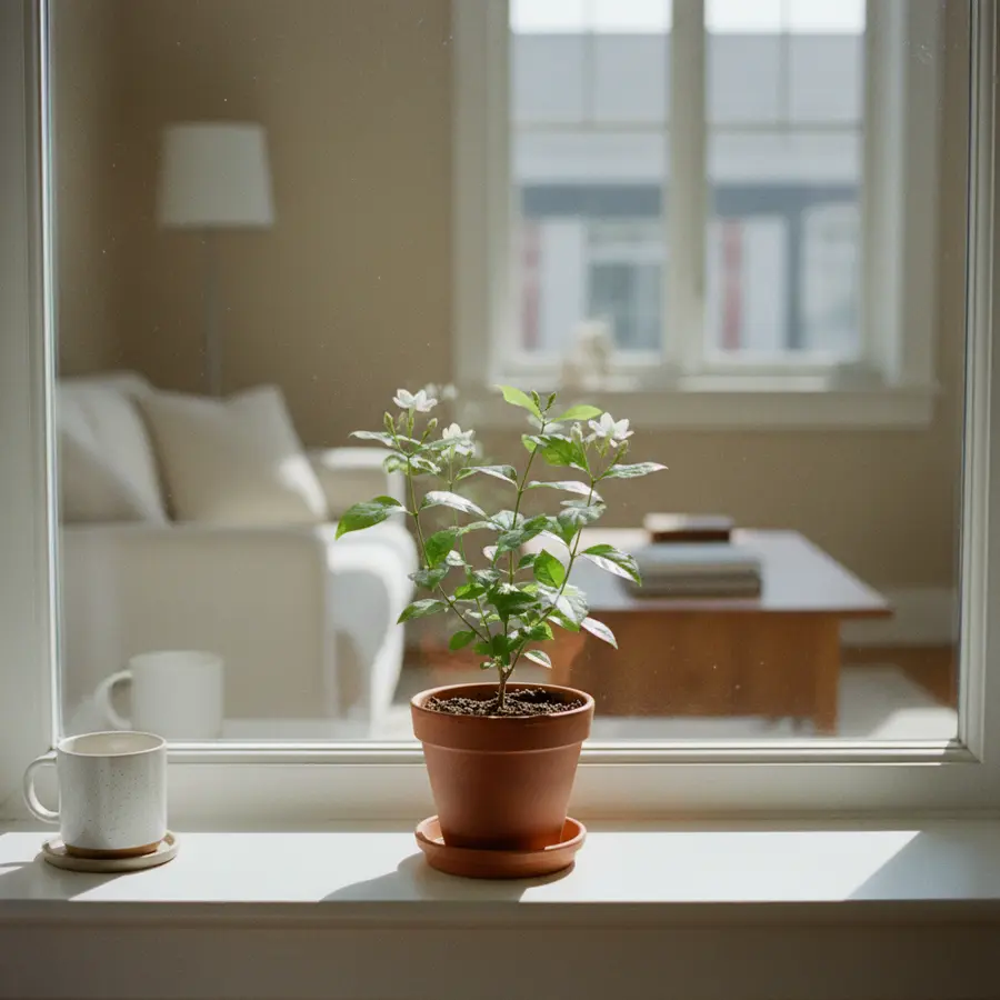 Jasmin: Alles über Pflege, Arten & Bedeutung der Duftpflanze - Photo Jasmin im Wohnzimmer auf dem Fenstersims bei Tageslicht, Pflege der Duftpflanze