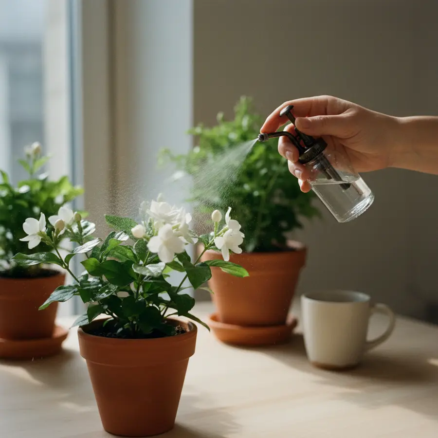 Jasmin: Alles über Pflege, Arten & Bedeutung der Duftpflanze - Photo Jasmin Pflege: Hand sprüht Regenwasser auf die Duftpflanze im Morgenlicht