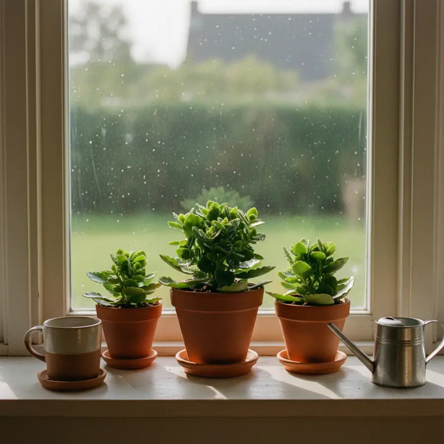 Kalanchoe Pflege: Tipps für das Flammende Käthchen & mehr - Photo Kalanchoe Pflege: Sonniges Fensterbrett mit drei Kalanchoen bei Morgensonne