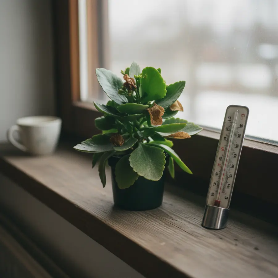 Kalanchoe Pflege: Tipps für das Flammende Käthchen & mehr - Photo Kalanchoe Pflege: Flammendes Käthchen auf Holzfensterbank im Winterlicht