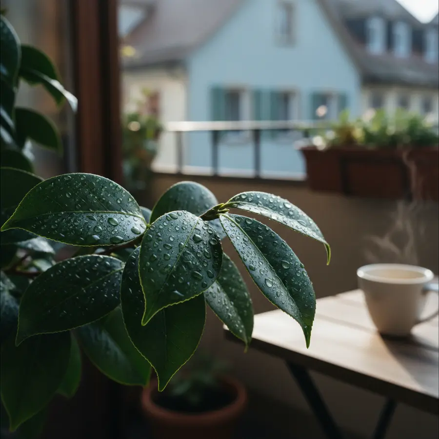 Kamelien: Der ultimative Ratgeber zu Pflege, Standort & Sorten - Photo Kamelien mit Morgentau auf Lindauer Balkon, Pflege und Standort Tipps