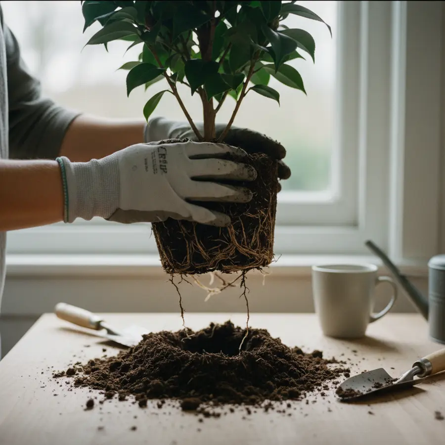 Kamelien: Der ultimative Ratgeber zu Pflege, Standort & Sorten - Photo Kamelien: Wurzeln und Erde bei Pflanzung im weichen Licht detailreich sichtbar