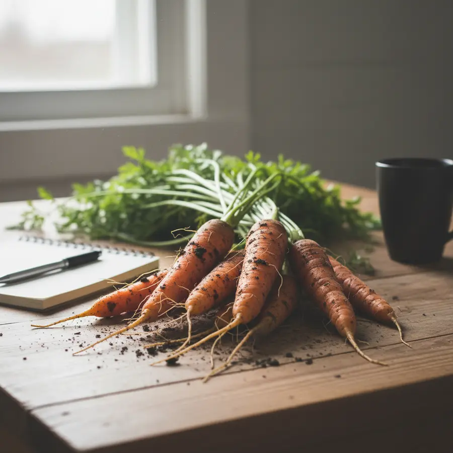 Karotten: Alles über Vitamine, Lagerung & Sortenvielfalt - Photo Karotten: Frische Karotten mit Erde an den Wurzeln auf Holztisch