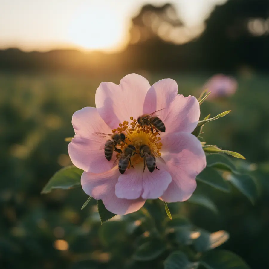 Kartoffelrose (Rosa rugosa): Tipps zu Pflanzen, Pflege & Schnitt - Photo Duftende Kartoffelrose im Sommer, Bienen besuchen die Blüten.