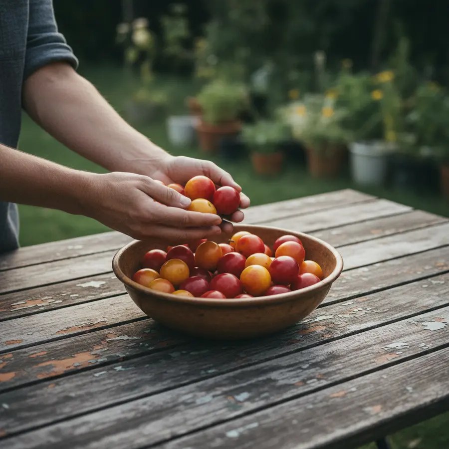 Kirschpflaume: Alles über Pflanzen, Pflege & Essbarkeit - Photo Frische Kirschpflaumen in alter Holzschale auf Gartentisch beim Spätsommer