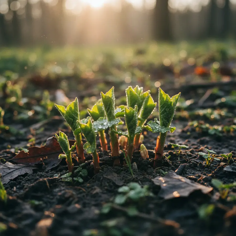Knöterich: Arten, Pflege & Tipps zur Bekämpfung im Überblick - Photo Frische Knöterich: Triebe auf feuchtem Boden im Gegenlicht, Pflege und Tipps