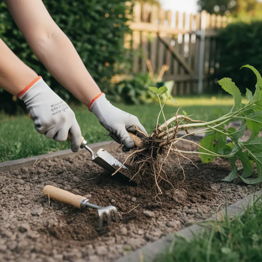 Knöterich: Arten, Pflege & Tipps zur Bekämpfung im Überblick - Photo Hände beim Ausgraben eines Knöterichs mit Gartengerät im Spätsommer