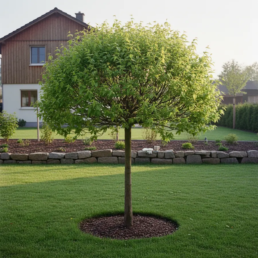 Kugelamberbaum 'Gum Ball' kaufen: Beste Qualität vom Züchter - Photo Kugelamberbaum 'Gum Ball' kaufen im Garten im Frühling mit Tau benetzt