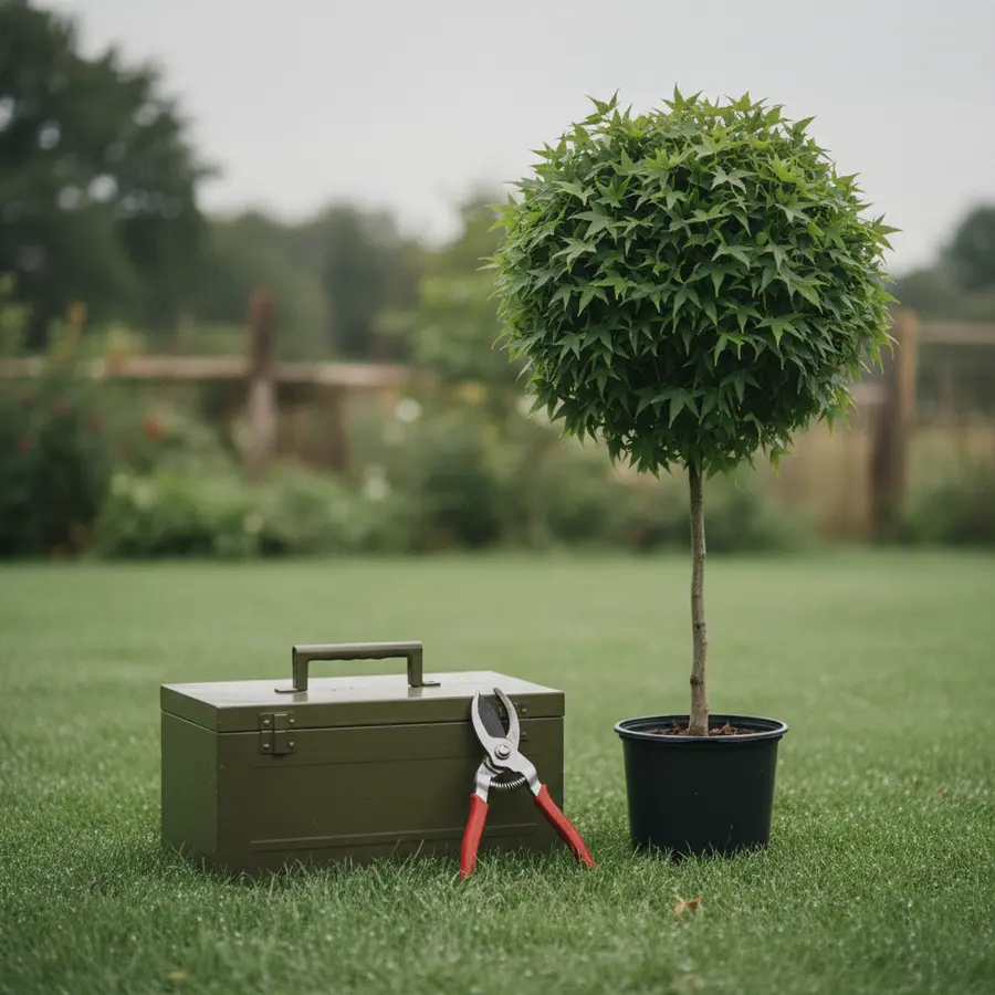Kugelamberbaum 'Gum Ball' kaufen: Beste Qualität vom Züchter - Photo Werkzeugkasten und Gartenschere neben Kugelamberbaum 'Gum Ball' im Garten