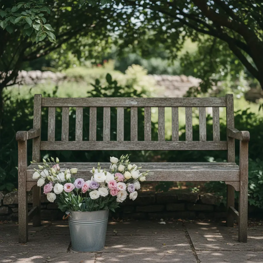 Lisianthus (Eustoma): Alles zu Pflege, Bedeutung & Standort - Photo Lisianthus Pflege im Garten: Frisch geschnittene Blüten auf Gartenbank