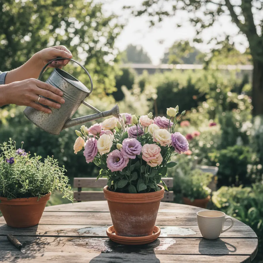 Lisianthus (Eustoma): Alles zu Pflege, Bedeutung & Standort - Photo Hände gießen Lisianthus im Topf im Bauerngarten bei Morgensonne
