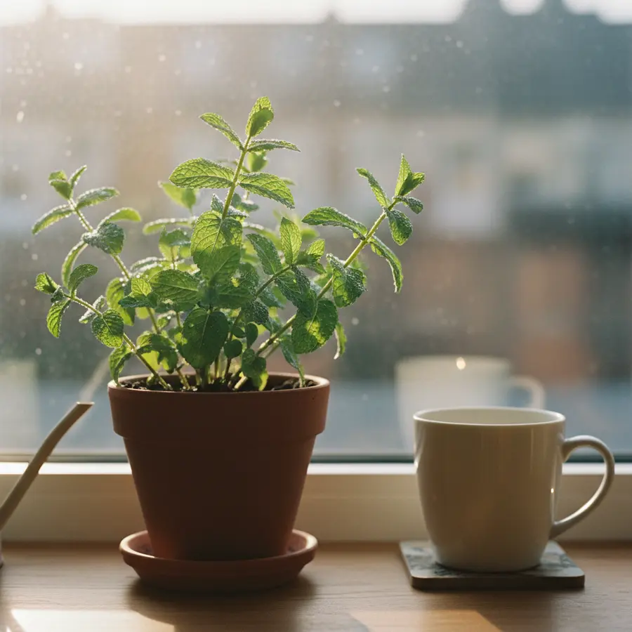 Marokkanische Minze: Tipps zu Anbau, Pflege & Ernte - Photo Marokkanische Minze im Morgenlicht mit glänzenden Wassertropfen am Fensterbrett