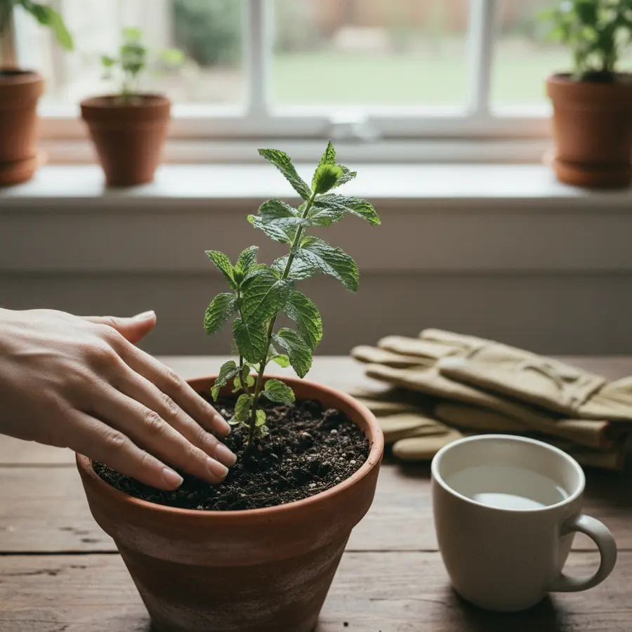Marokkanische Minze: Tipps zu Anbau, Pflege & Ernte - Photo Marokkanische Minze: Hand prüft Erde bei Anbau und Pflege
