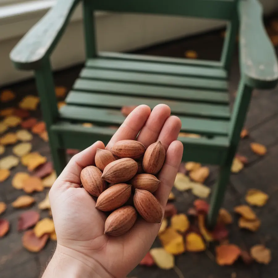 Pekannuss: Alles über Nährwerte, Gesundheit & Verwendung - Photo Pekannuss in Hand mit Herbstlaub, passend zum Artikel über Pekannussgesundheit