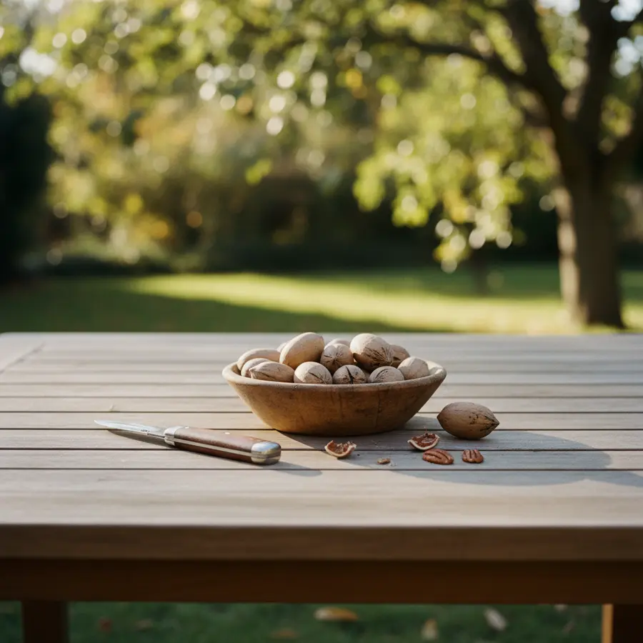 Pekannuss: Alles über Nährwerte, Gesundheit & Verwendung - Photo Pekannuss: Nährwerte und Verwendung auf gedecktem Gartentisch bei Herbstsonne