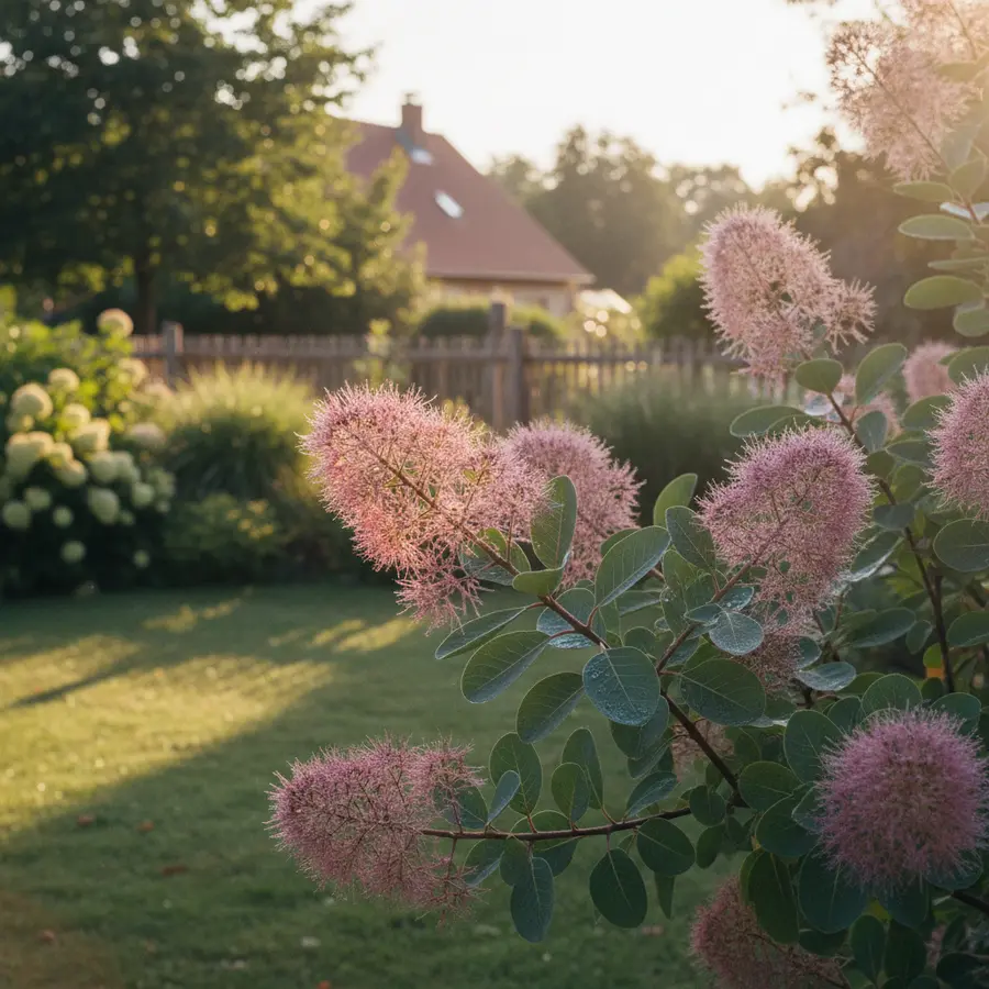 Perückenstrauch: Tipps zu Pflege, Standort & Schneiden - Photo Perückenstrauch im Garten bei Abendsonne und Tau, Pflege-Tipps inklusive